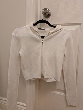 Brandy Melville Cream Ribbed Zip-Up Hoodie